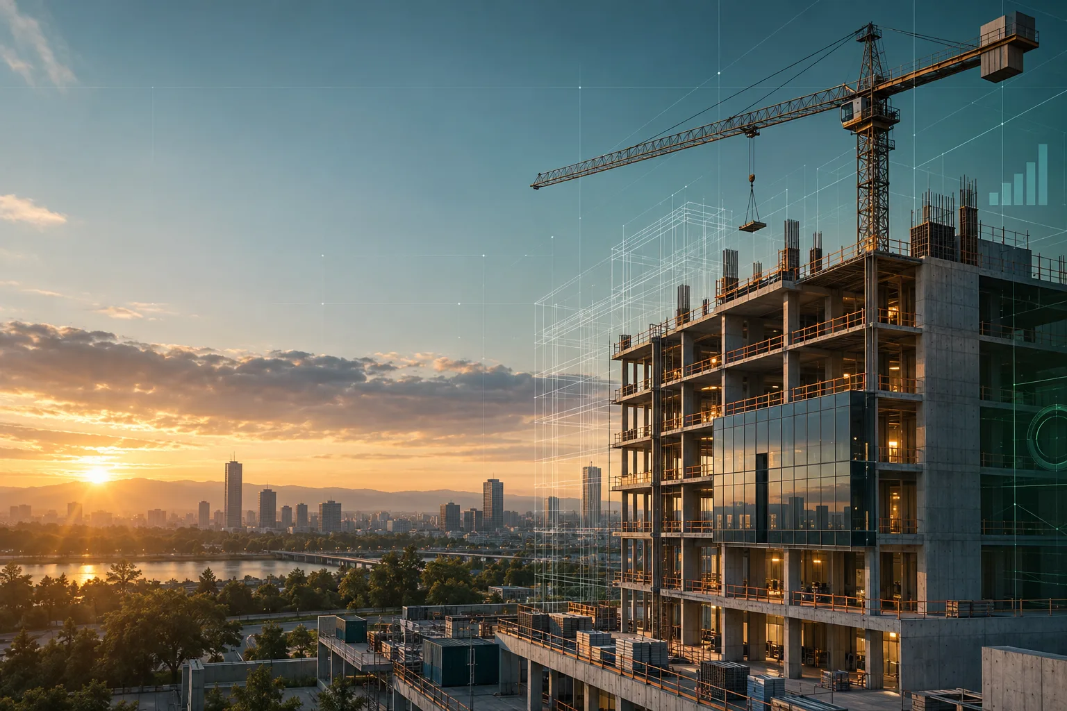 Modern construction project at sunrise